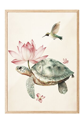 Postifull Wooden Framed Painting, Turtle, Hummingbird, Lotus, Illustration, Pastel Tones Color Poster, 2025