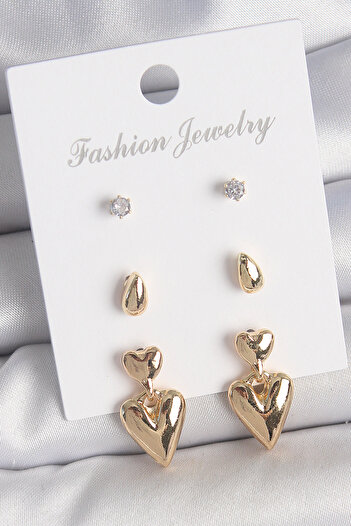 Toptan Bulurum Brass Gold Color Zircon Stone Dangle Heart Model 3 Pairs Women's Earring Set
