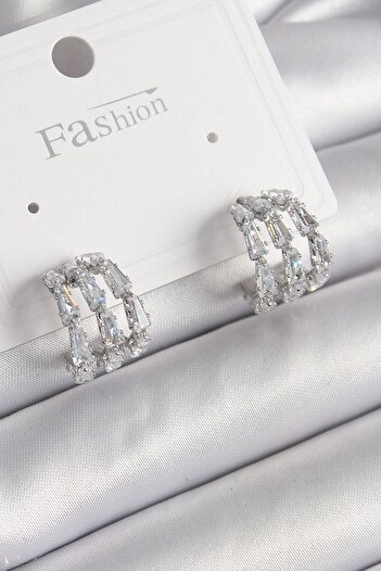 Toptan Bulurum Brass Silver Color Zircon Stone Hoop Model Women's Earrings