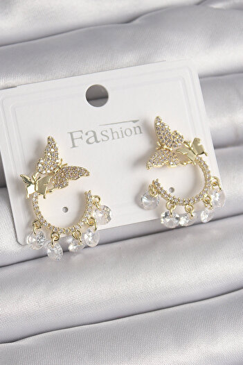 Toptan Bulurum Brass Gold Color Zircon Stone Dangle Detail Model Women's Earrings