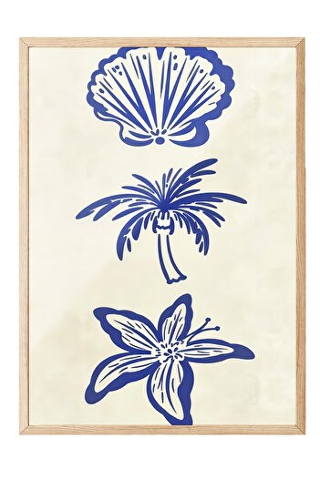Postifull Wooden Framed Painting, Seashell, Palm and Flower, Illustration, Blue Color Poster, 2025 Summer Selection