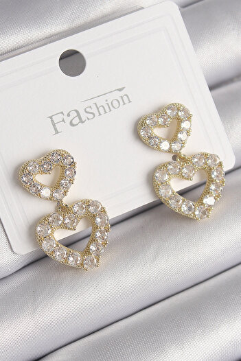 Toptan Bulurum Brass Gold Color Zircon Stone Dangle Heart Model Women's Earrings