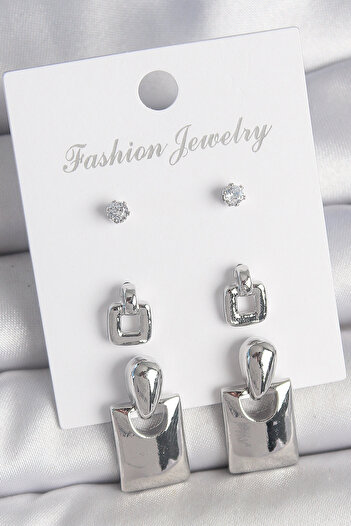 Toptan Bulurum Brass Silver Color Zircon Stone Detail Dangle Square Model 3 Pair Women's Earring Set