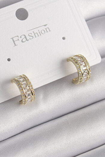 Toptan Bulurum Brass Gold Color Zircon Stone Hoop Model Women's Earrings
