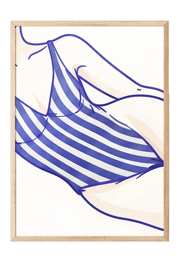 Postifull Wooden Framed Painting, Woman in Swimsuit, Illustration, Blue Color Poster, Summer Selection of 2025, No:109714