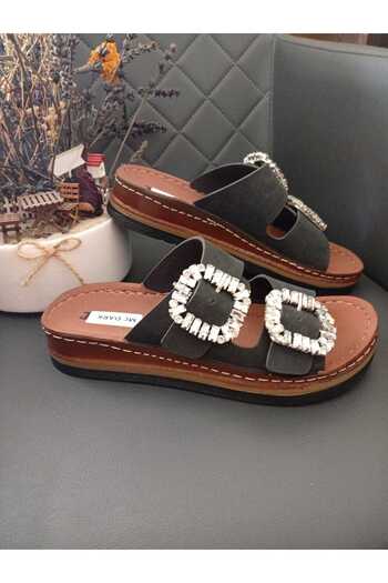 Moda Kadıköy Women's Black Filled Heels Ortopedic Stitched Sole Stone Slippers