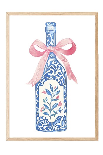 Postifull Wooden Framed Painting, Bottle, Ribbon, Floral, Illustration, Weird, Blue, Pink Color Poster, 2025 Ya