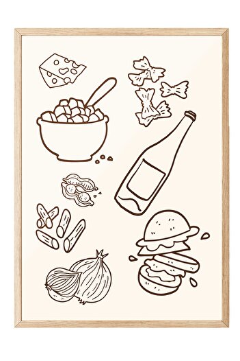 Postifull Wooden Framed Painting, Cheese, Bottle, Burger, Illustration, Minimalist, Brown, Beige Color Poster,