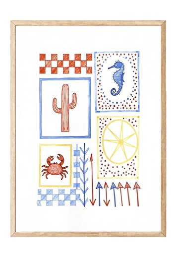Postifull Wooden Framed Poster, Beach Atmosphere, Illustration, Blue Color Poster, 2025 Summer Selection, No:109569