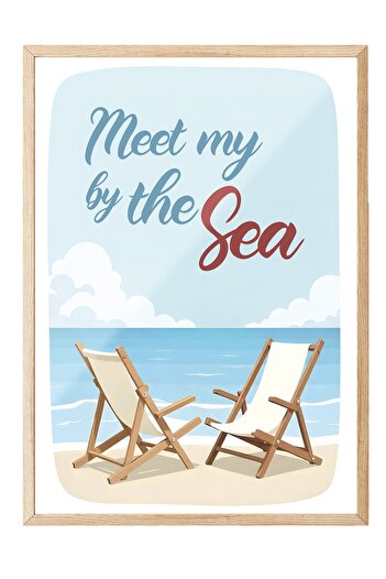 Postifull Wooden Framed Poster, Seaside Meeting, Illustration, Blue Color Poster, 2025 Summer Selection, N