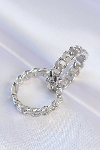Toptan Bulurum Brass Silver Color Chain Model Hoop Earrings