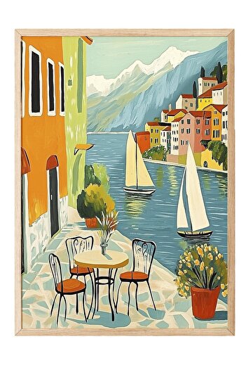 Postifull Wooden Framed Painting, Sailboats, Chairs, Buildings, Impressionist, Vintage, Blue, Earth Tones R