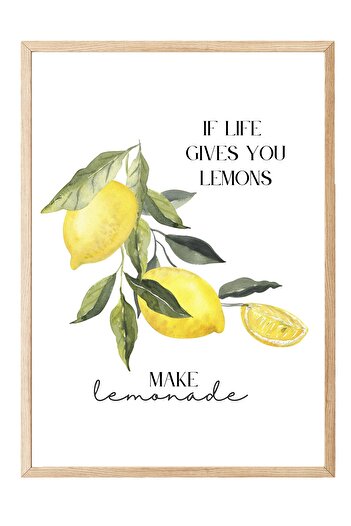 Postifull Wooden Framed Painting, Lemons, Leaves, Text, Watercolor, Typography Based, Yellow, Green Color Pos