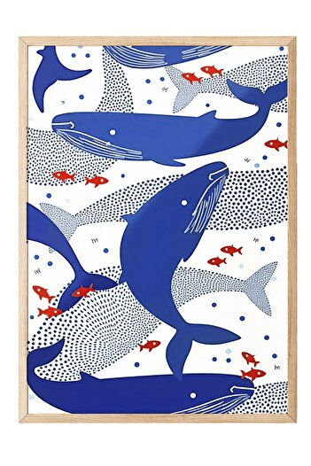 Postifull Wooden Framed Poster, Whale, Illustration, Blue Color Poster, Summer Selection 2025, No:109621