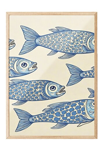 Postifull Wooden Framed Poster, Fishes, Illustration, Blue Color Poster, 2025 Summer Selection, No:109586