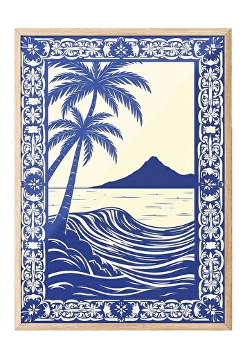Postifull Wooden Framed Poster, Seascape, Illustration, Blue Color Poster, Summer Selection 2025, No:109616