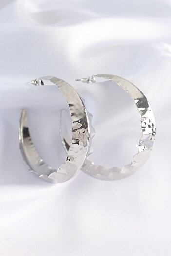 Toptan Bulurum Brass Silver Color Leaf Patterned Hoop Earrings