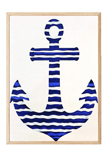 Postifull Wooden Framed Painting, Anchor, Flat Illustration, Minimalist, Blue, White Color Poster, 2025 Summer Selection