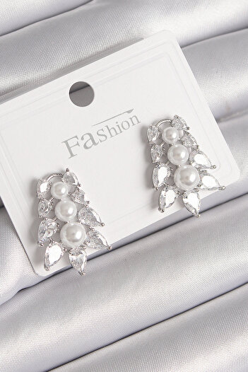 Toptan Bulurum Brass Silver Color Zircon Stone Leaf Model Pearl Detail Women's Earrings
