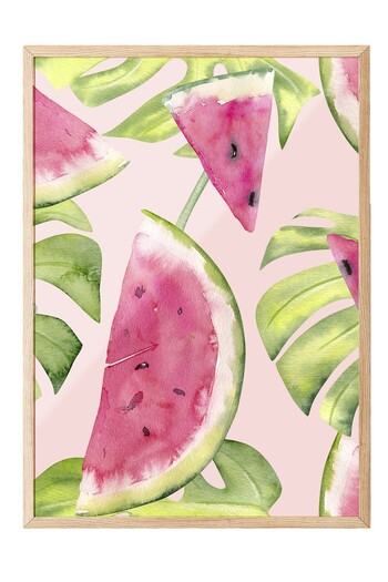 Postifull Wooden Framed Painting, Watermelon, Leaf, Watercolor, Botanical, Pink, Green Color Poster, Summer Selection of 2025