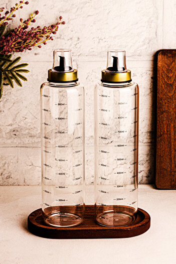 Snippy Bottle - 3 Parça Ahşap Standlı Damlatmaz 1 Lt Cam Yağdanlık Borosilikat Yağlık Sirkelik 1000ml