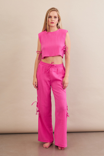 Cool & Sexy Women's Fuchsia Shoulder Padded Tie Detail Bottom Top Set Ked002