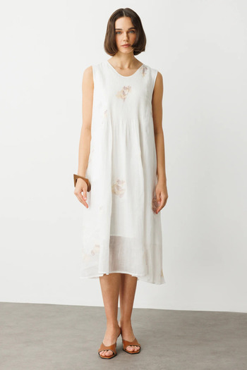 Ekol Embroidered Linen Dress Ecru