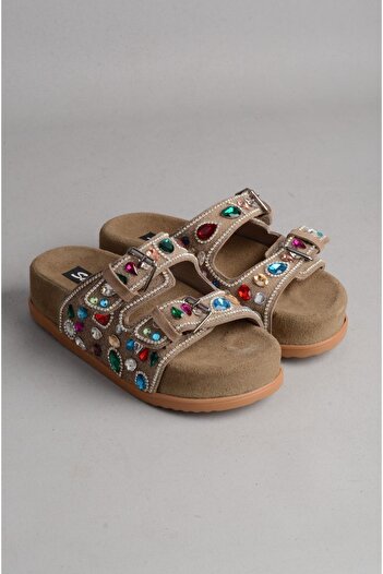 SEÇ KUNDURA Seç 8182 Genuine Leather Double Strap Stone Women's Slippers Mink Suede