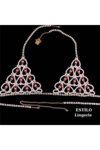 Estilo Lingerie Gold Red Detailed Body Jewelry, Crystal Stone Bikini, Stone Bra Panties, Luxury Underwear Set