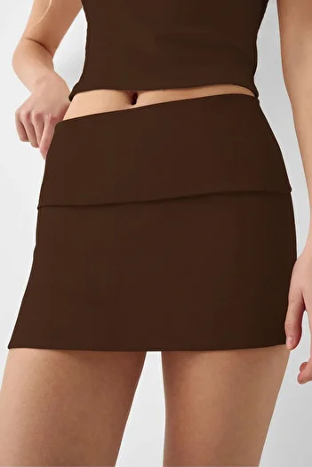 SUHIS Brown, Folded Waisted, Hidden Elastic Waist, Tight Mini Skirt