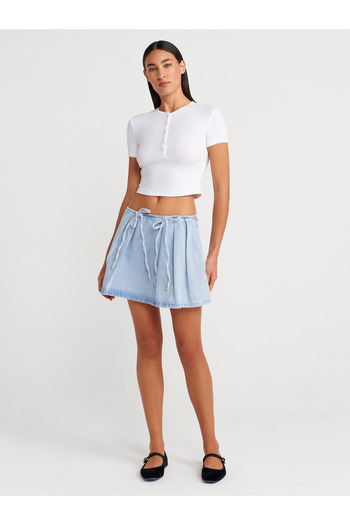 Dilvin 80585 Mini fustă din denim cu fundă în față-albastru