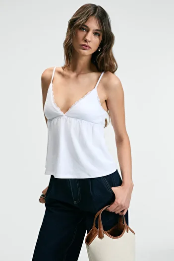 GRIMELANGE Clarvia Women's Triangle Chest Cup Lace Detail White Blouse with Adjustable Strap
