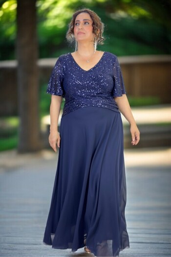 yagmurberen V Neck Sequin Sequin Degtay Double Breasted Cutout Plus Size Chiffon Evening Dress