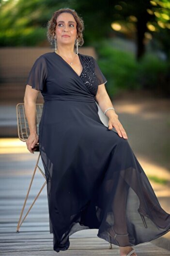 yagmurberen Kruvaze Breast Angel Sleeve Sequence Lined Skirt Plus Size Chifon Evening Dress