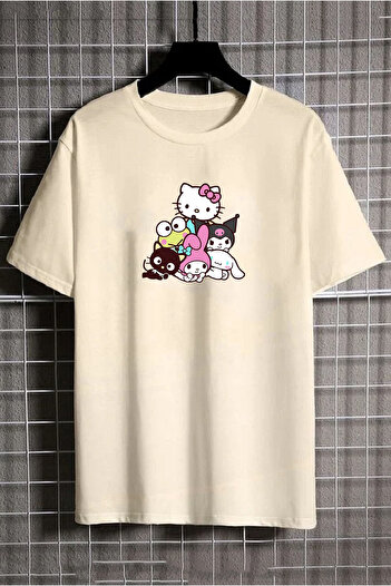 makiteks Τυπωμένο Hello Kitty Γυναικείο Unisex Crew Neck Μπλουζάκι με στάμπα Λευκό μαύρο γκρι μπλουζάκι
