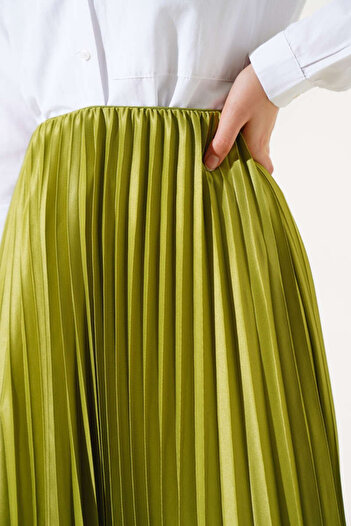 Stil Sepeti Women's Oil Green Waist Hidden Elastic Pleated Long Skirt St- 100078641