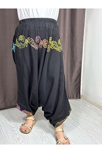 Sobe Hediyelik Black Hand Printed Adana Shalwar – Relaxed Fit, Wide Leg, Ethnic Patterned Summer Trousers
