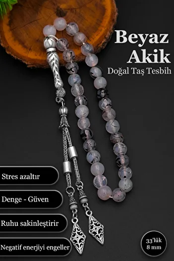 SİLVERA TELKARİ White Agate Natural Stone Prayer Beads Men's Agate Prayer Beads Bt050