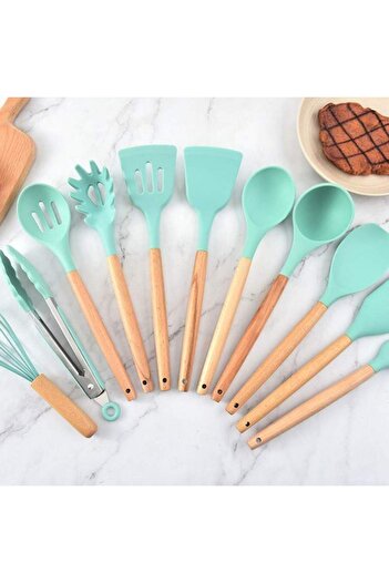 SIKS Set of 12 SIKS Food Grade Silicone Utensils, SPA12, With Wooden Handle, Turquoise