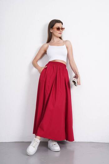 Gülmude Long Double Pocket Elastic Waist Poplin Anti-Sweat Fabric Flared Skirt Length (90) cm