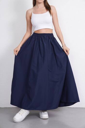 Gülmude Long Double Pockets Elastic Waist Cotton Anti-Sweat Fabric Flared Skirt Length (90) cm