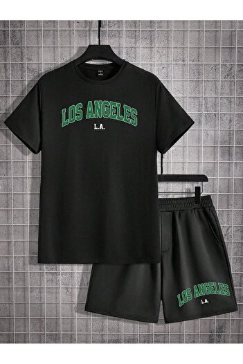 Boi Los Angeles La T-Shirt Shorts - Black Shorts T-Shirt Bottom Top Set Printed Crew Neck