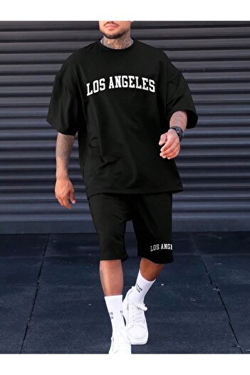 Boi Los Angeles T-Shirt Shorts Combo Set - Black Printed Oversized Crew Neck