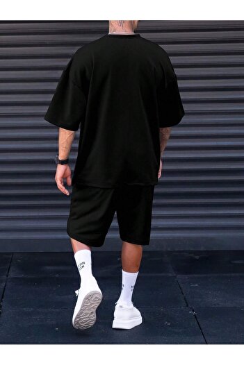 Boi Los Angeles T-Shirt Shorts Combo Set - Black Printed Oversized Crew Neck