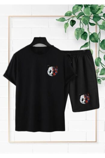 Boi Panda Pattern T-Shirt Shorts - Black Shorts T-Shirt Bottom Top Set Printed Crew Neck