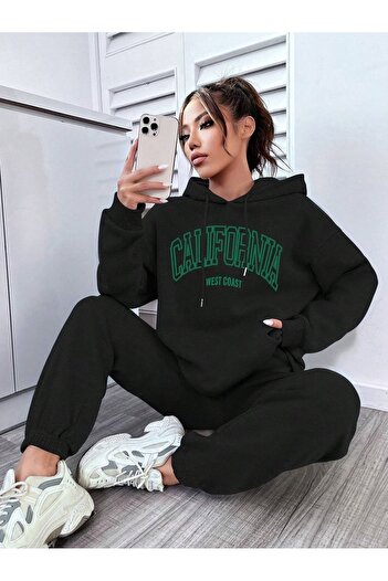 Boi California West Coast Lower Top Tracksuit Set - Black Printed Oversize Rubber Leg Hoodie