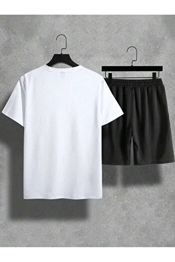 Boi Surround T-Shirt Shorts - White with Black Shorts T-Shirt Top and Bottom Set Printed Crew Neck