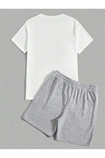 Boi Portland T-Shirt Shorts - White Gray Shorts T-Shirt Top Bottom Set Printed Crew Neck