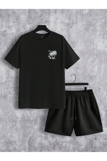 Boi Palmiye Design T-Shirt Shorts - Black Shorts T-Shirt Bottom Top Set Printed Crew Neck