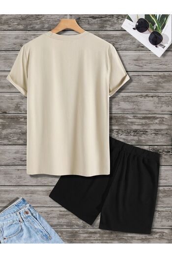 Boi Minimal Bird T-Shirt Shorts - Beige Black Shorts T-Shirt Bottom Top Set Printed Crew Neck